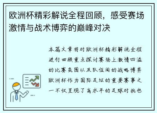 欧洲杯精彩解说全程回顾，感受赛场激情与战术博弈的巅峰对决