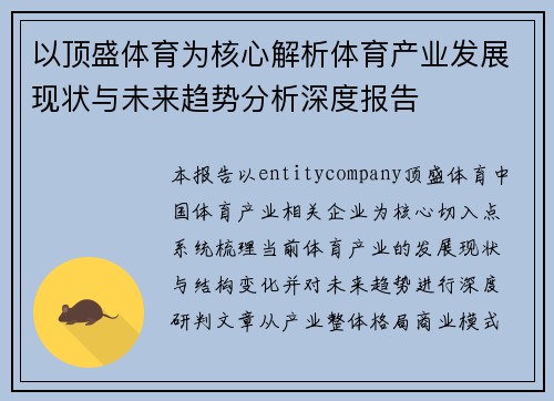 以顶盛体育为核心解析体育产业发展现状与未来趋势分析深度报告